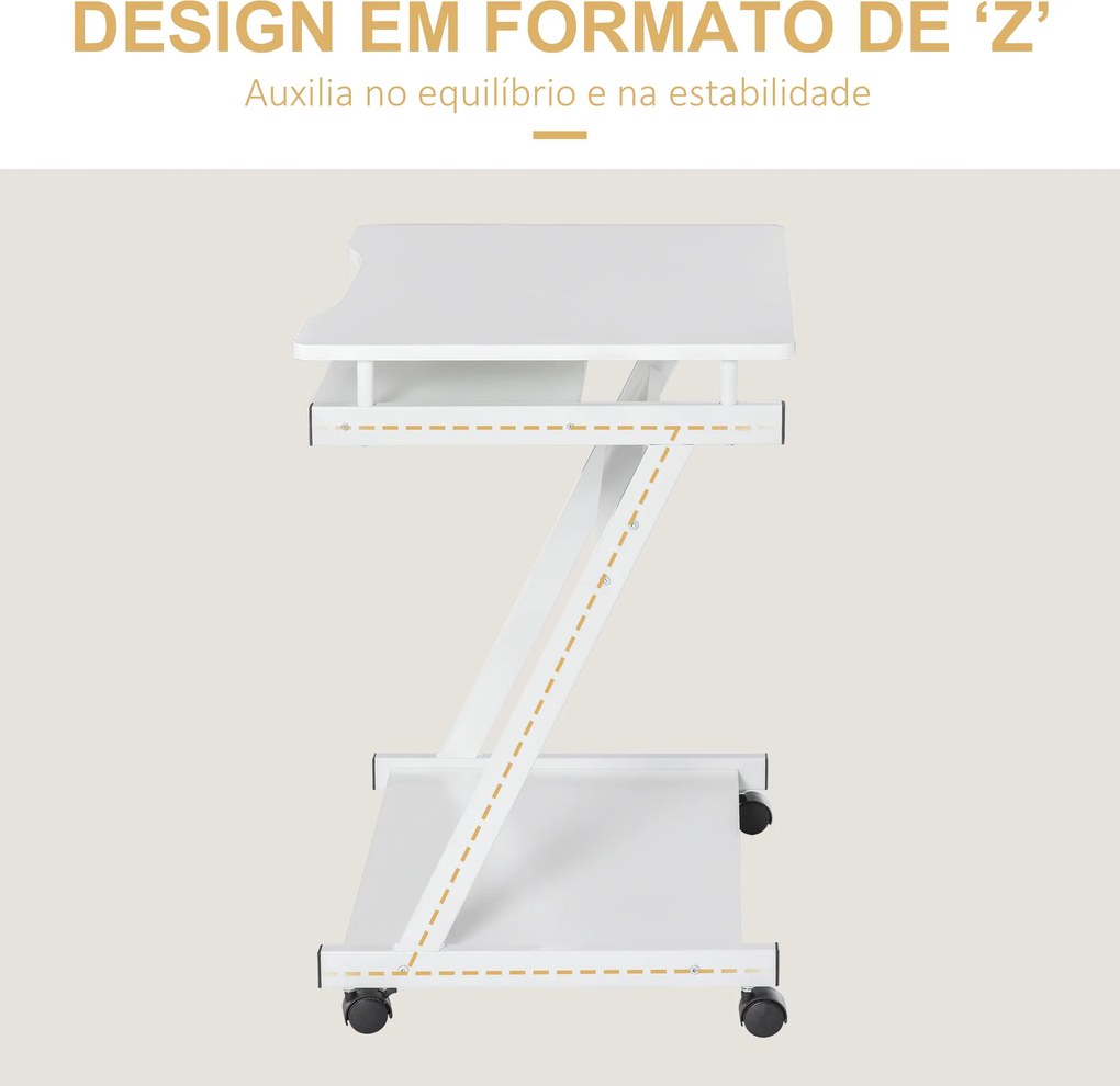 Mesa de Computador com Rodas 60x48 cm com Gaveta Deslizante para Teclado e Prateleira Inferior Estrutura Metálica Branca