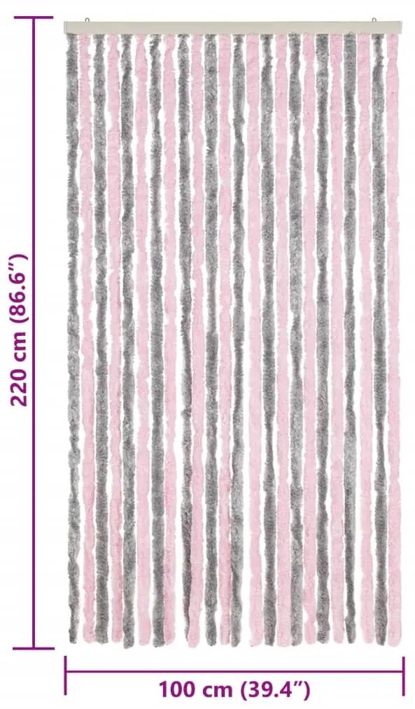 Cortina anti-insetos 100x220 cm chenille cinza-prateado e rosa