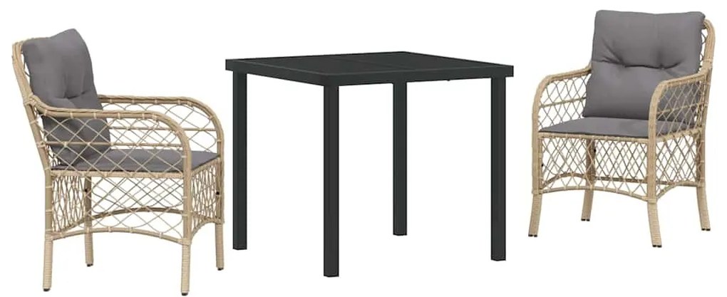 Conjunto de Jantar de Jardim 3 Peças com Almofadas em Rattan Sintético