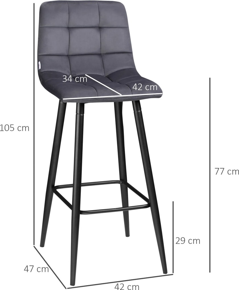 Conjunto de 2 Bancos Altos de Cozinha Bancos de Bar Estofados em Veludo com Apoio para os Pés e Encosto Cinzento