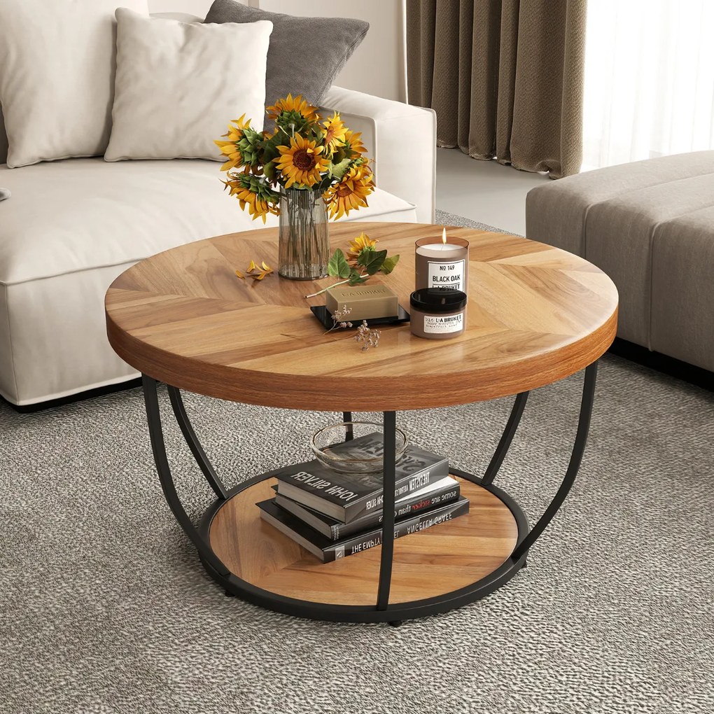 Mesa de centro redonda de 2 níveis com arrumação Mesa de chá de 80 cm com estrutura metálica Mesa de apoio para sala de estar Natural/preto