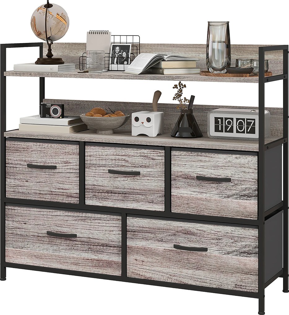 Móvel de arrumação de estilo industrial com 5 gavetas em tecido, dobráveis e removíveis, e prateleiras - 98 x 29 x 85 cm