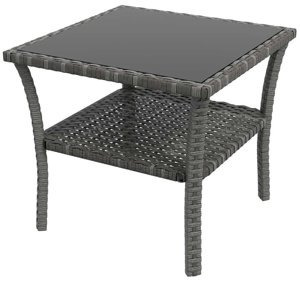 Outsunny Mesa de Vime Quadrada 50x50x45 cm Mesa de Jardim e Prateleira Tampo de Vidro Suporta 30 kg para Terraço Pátio Cinzento
