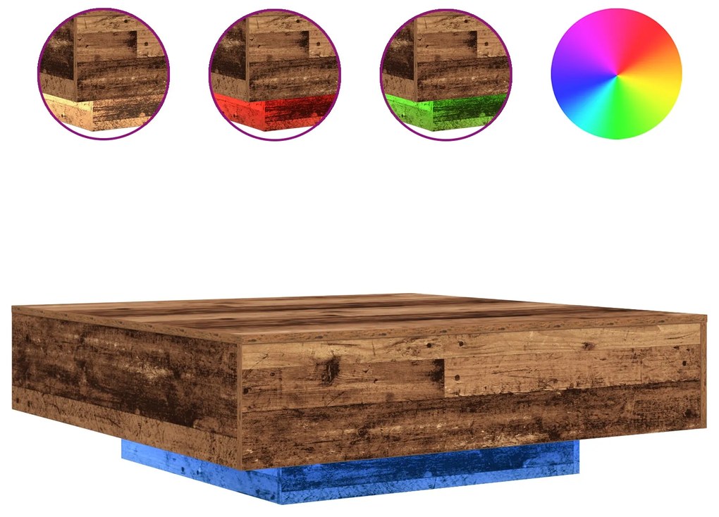 Mesa de Centro vidaXL com Luzes LED Madeira Antiga 100x100x31 cm