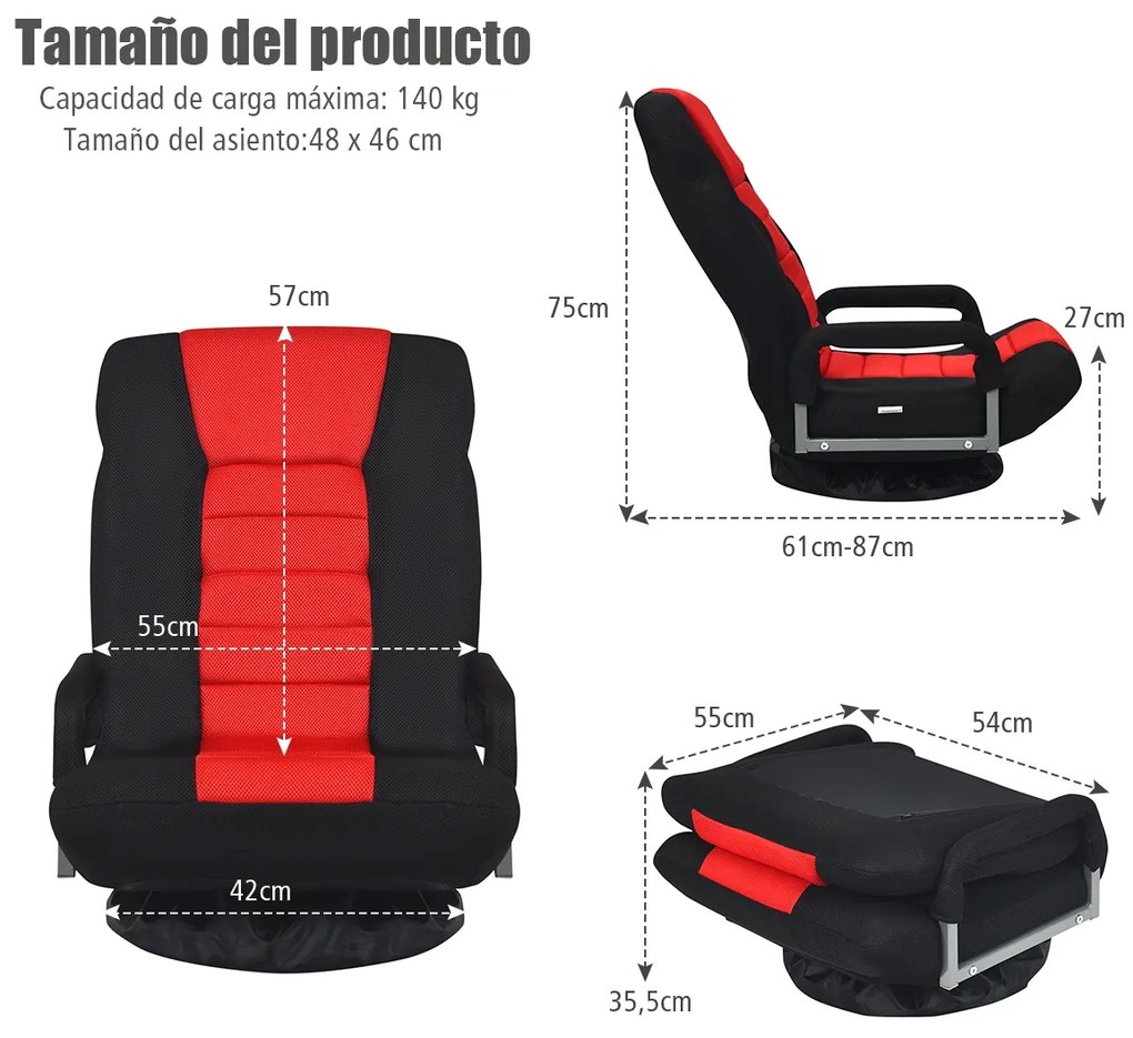 Cadeira de chão para jogos dobrável de 6 posições ajustável com base giratória de 360° para leitura e relaxamento 61-87 x 55 x 75 cm Vermelha