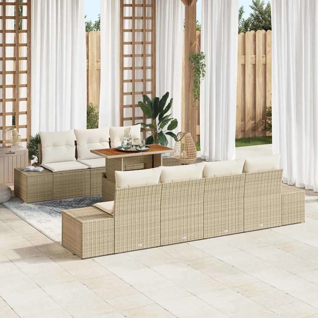 vidaXL Conjunto de Jantar de Jardim com 8 Peças e Almofadas Bege em Rattan Sintético e Madeira Acácia