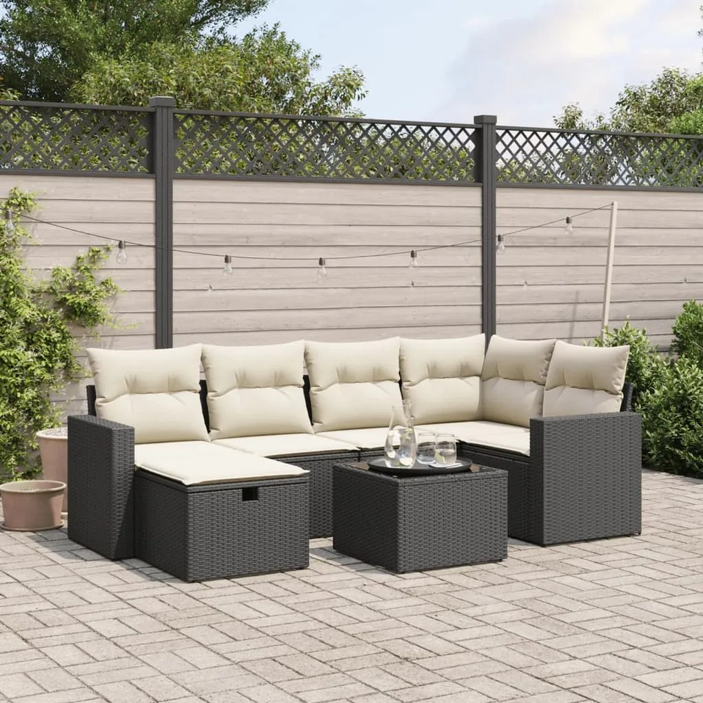 vidaXL 7 pcs conjunto de sofás p/ jardim c/ almofadões vime PE preto