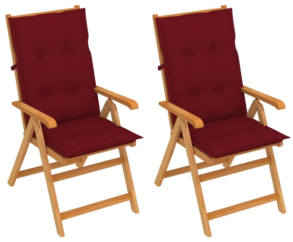 3062400 vidaXL Cadeiras jardim c/ almofadões vermelho tinto 2 pcs teca maciça