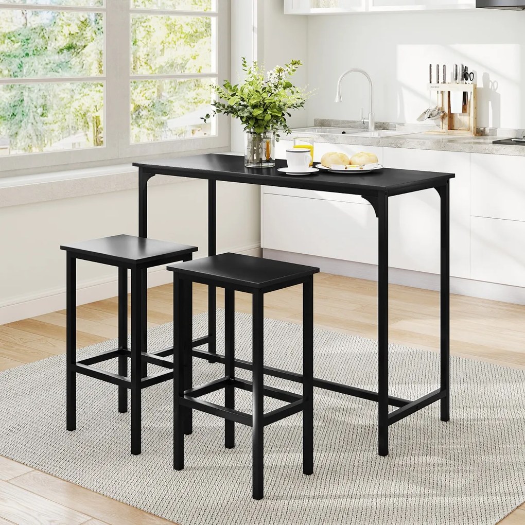 Conjunto de cozinha ou bar de 3 peças Mesa de bar com 2 bancos de bar Preto