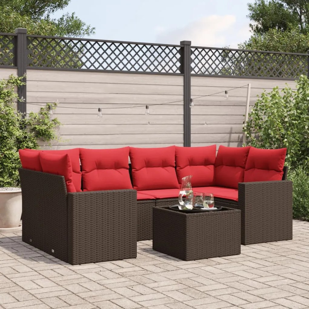 vidaXL 7 pcs conjunto de sofás jardim c/ almofadões vime PE castanho