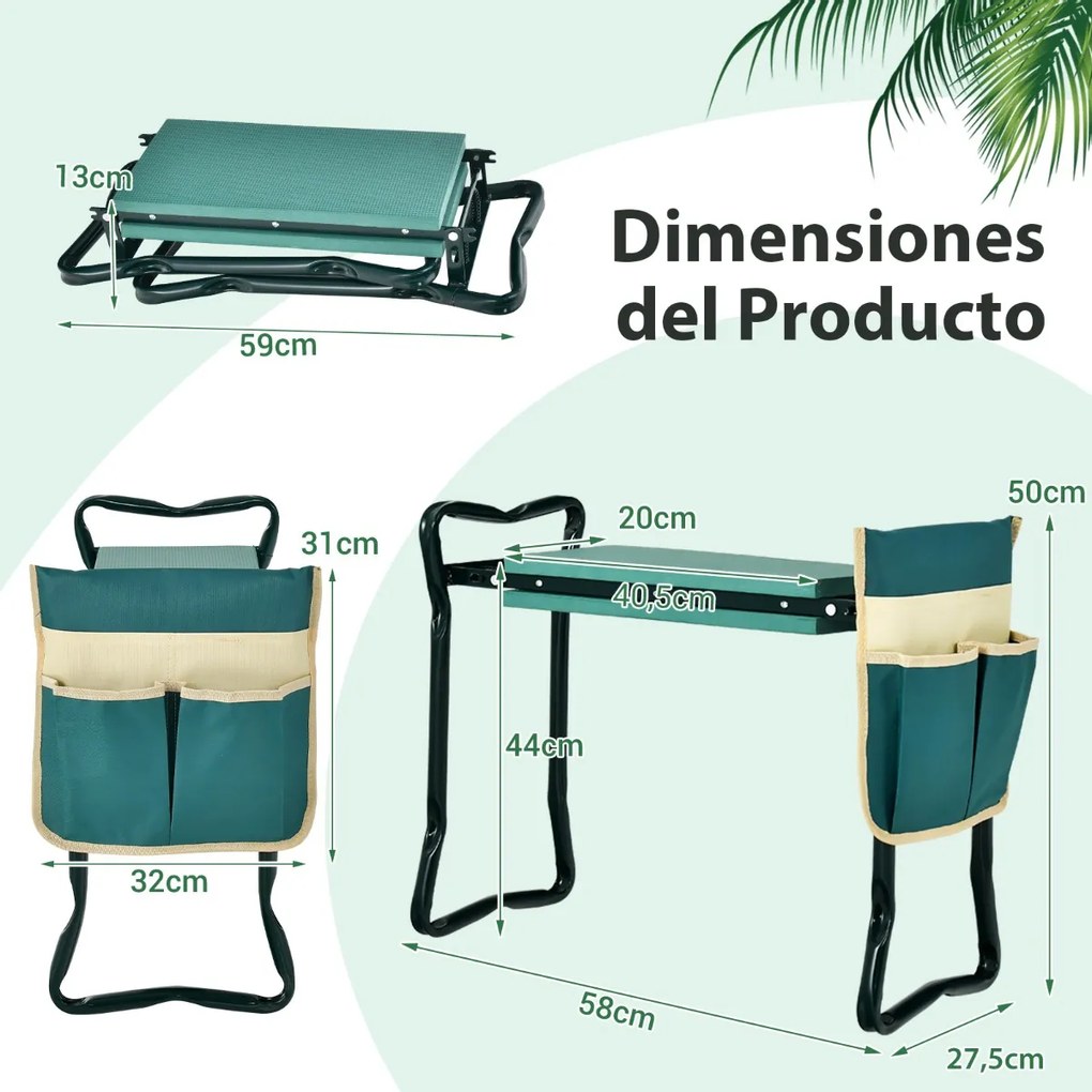 Assento duplo de jardim 2 em 1 com bolsa lateral e banco almofadado para carga seca e sentada 150 kg 58 x 27,5 x 50 cm verde