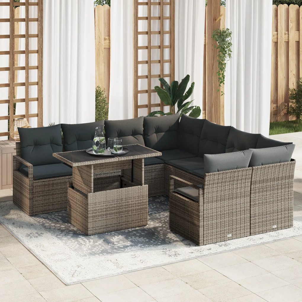 Conjunto de Sofás de Jardim vidaXL de 9 Peças com Almofadas Cinza de R