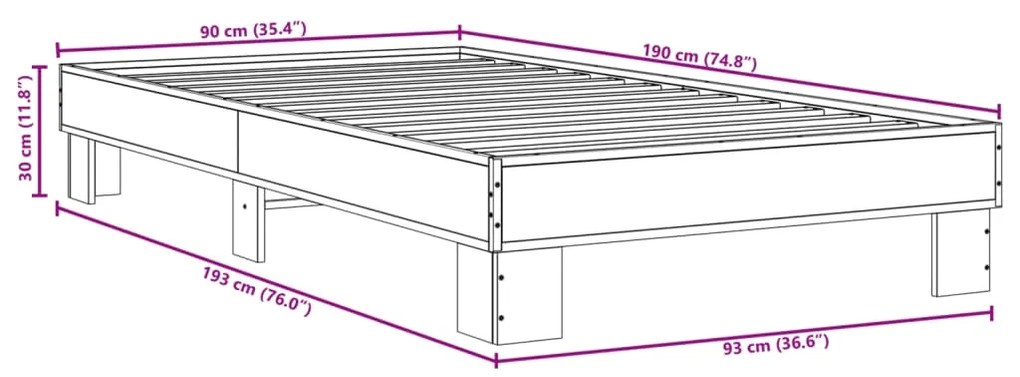 Estrutura de cama 90x190 cm derivados de madeira e metal preto