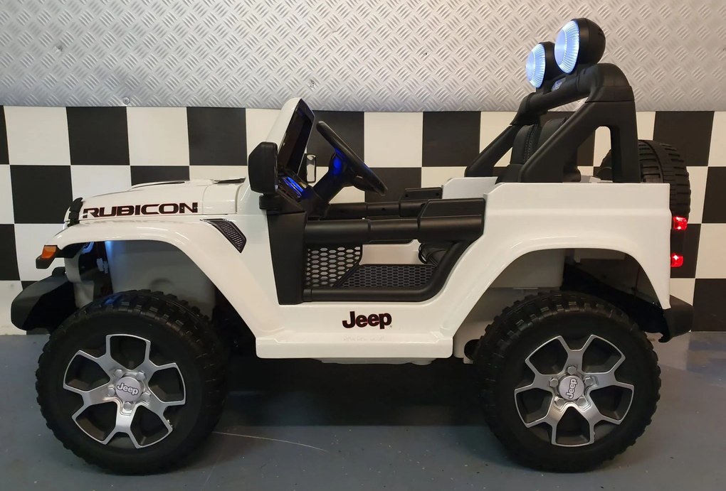 Jeep Wrangler bateria carro infantil 12V 4x4 controlo remoto, Pneus Borracha, Assento em pele sintetica branco