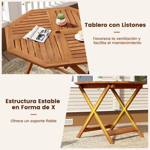 Mesa jardim de jantar em madeira maciça com orifício para guarda-sol 90 x 90 x 72 cm, tampo com ripas e acabamento em óleo de teca, para interior e ex