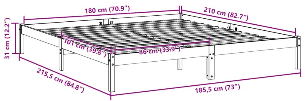 Cama extra longa sem colchão 180x210 cm madeira de pinho maciça