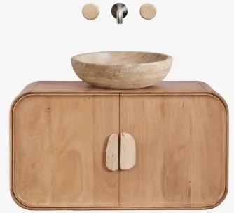 Conjunto De Móvel De Casa De Banho Suspenso 95x45 Cm Em Madeira De Manga E Pedra Natural Kivalina Travertino - Madeira De Mangueira & - Sklum