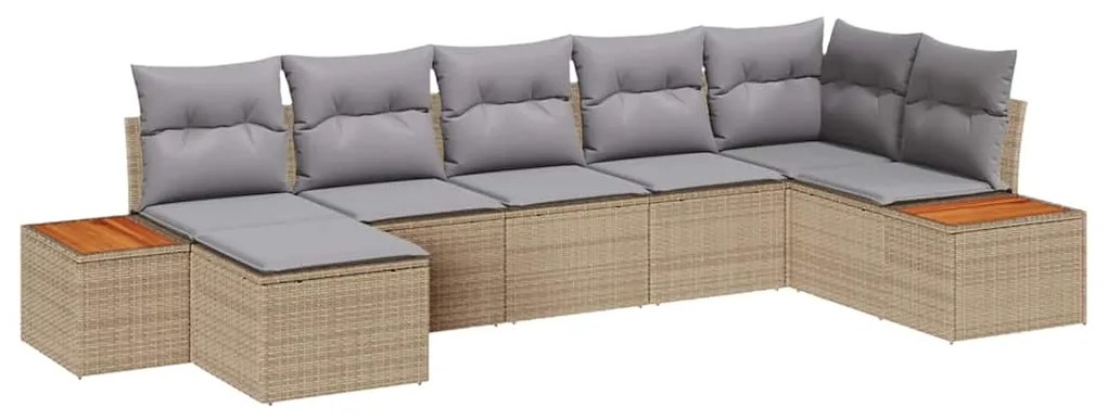 Conjunto de sofá de jardim 7 peças com almofadas bege de rattan e acác