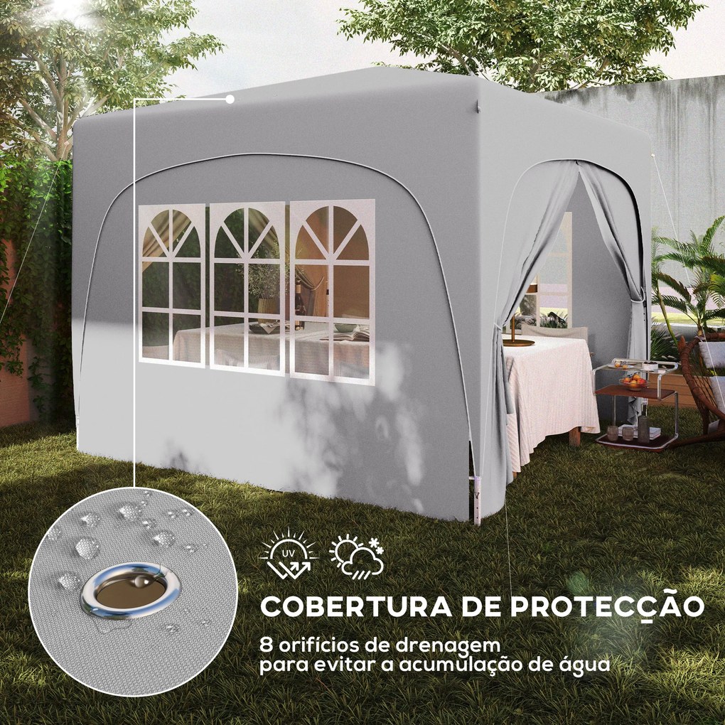 Tenda Dobrável 3x3 m com Painéis Laterais UPF50+ Tenda de Jardim com Altura Ajustável e Bolsa de Transporte Cinza Claro