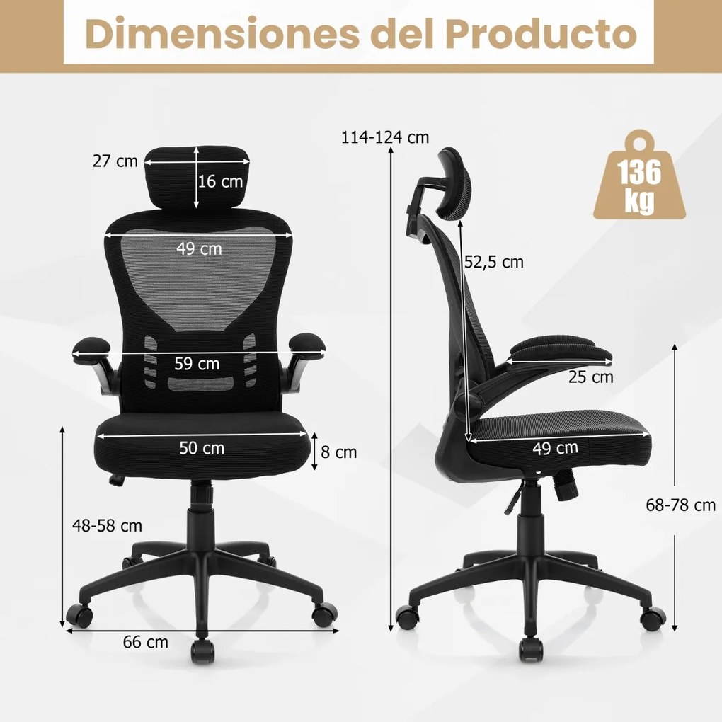 Cadeira de escritório ergonómica com apoios de braços dobráveis em rede Encosto ajustável e encosto basculante 66 x 66 x 114-124 cm Preto