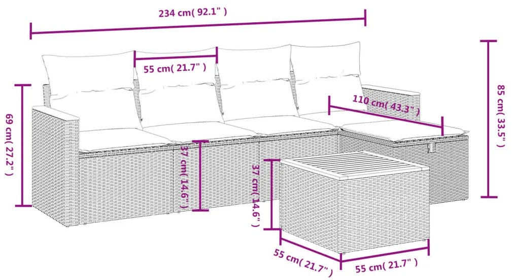6 pcs conj. sofás jardim c/ almofadões vime PE bege misturado