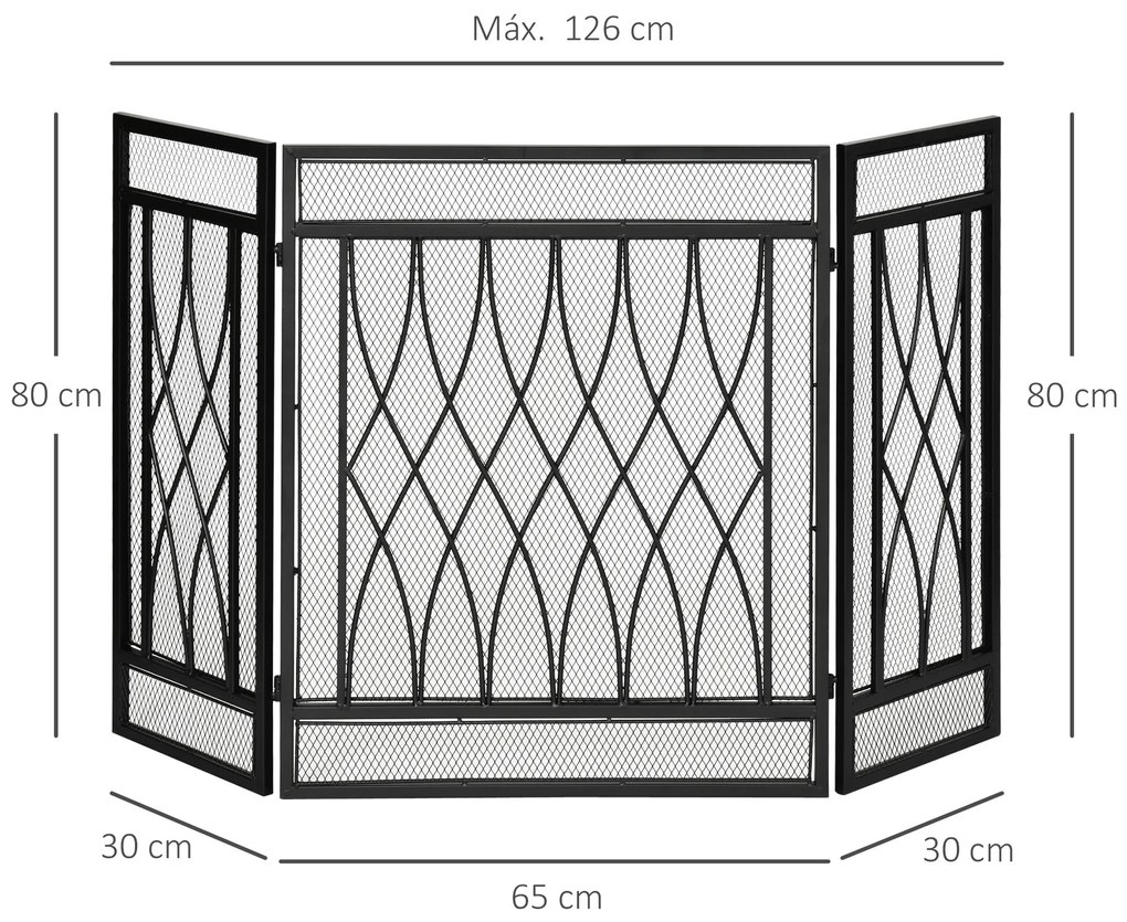 Frente de Lareira Dobrável Frente para Lareira com 3 Painéis com Dobradiças e Estrutura de Metal Decorativa 126x3x80cm Preto