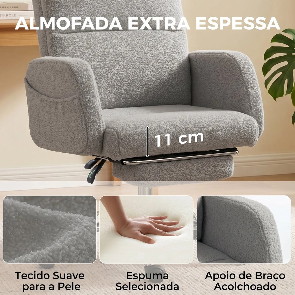 Cadeira de Escritório com Apoio para Pés Estofada em Borreguito e Encosto Reclinável 67x74x107-115 cm Cinza Claro