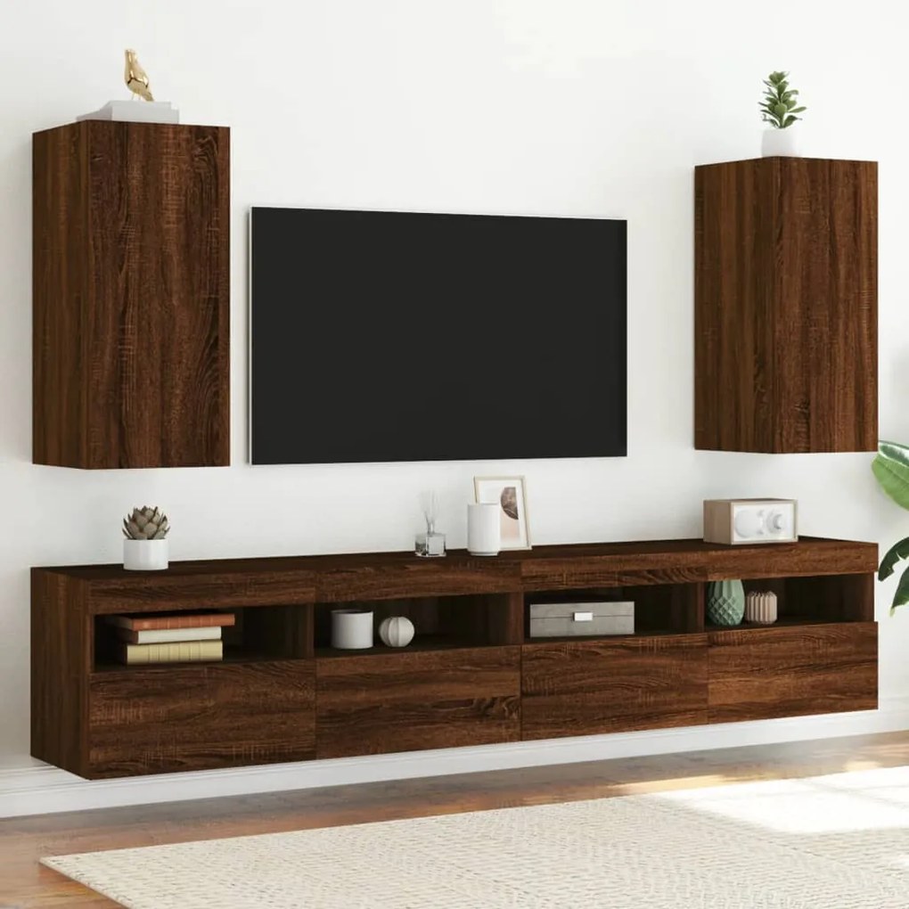 vidaXL Móveis de parede para TV com luzes LED 2 pcs carvalho castanho