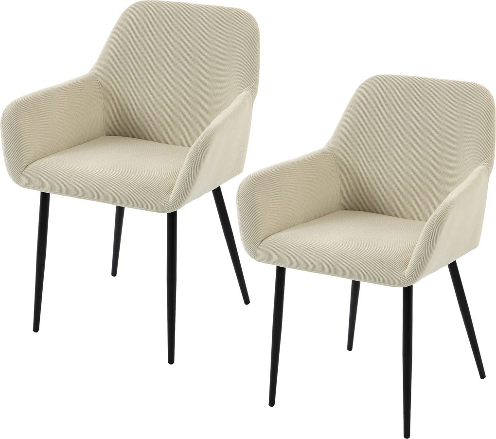 Conjunto de 2 cadeiras de sala de jantar e de cozinha, estofadas em veludo canelado, com braços e encosto, cor creme