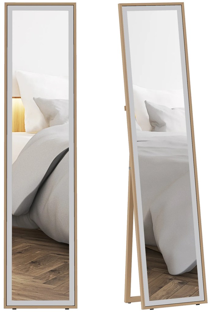 Espelho de Pé 157x37 cm com Moldura em MDF Espelho de Parede Retangular  com 2 Formas de Utilização Madeira e Prata