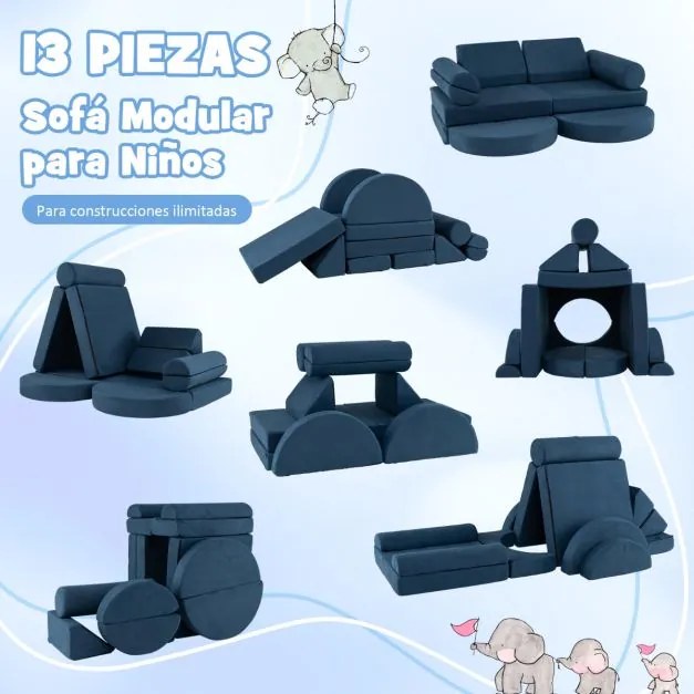 Sofá modular de 13 peças para crianças  seccional versátil para crianças para creche de espuma convertível Azul Marinho