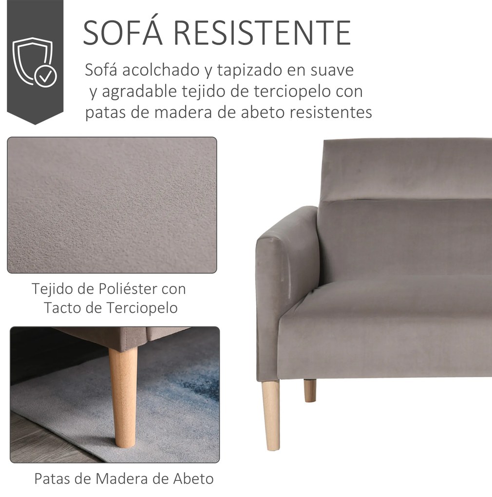 HOMCOM Sofá-Cama Convertível e Reclinável com Apoios de Braços e 2 Encostos Ajustáveis ​​Separadamente em 3 Posições Aveludado 196x85x82 cm Cinza