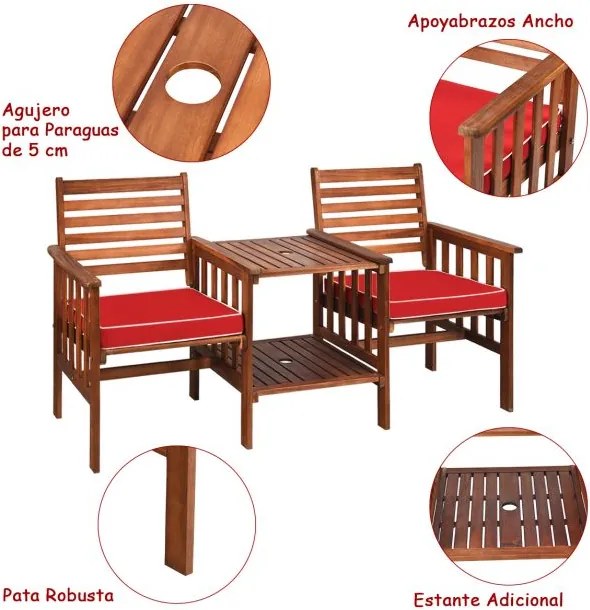 Conjunto de mesa e cadeira de 2 lugares em madeira de acácia para exterior com almofadas para pátio jardim castanho e vermelho