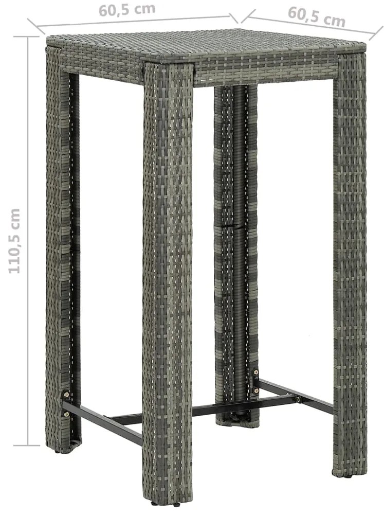 3 pcs conjunto de bar p/ jardim c/ almofadões vime PE cinzento