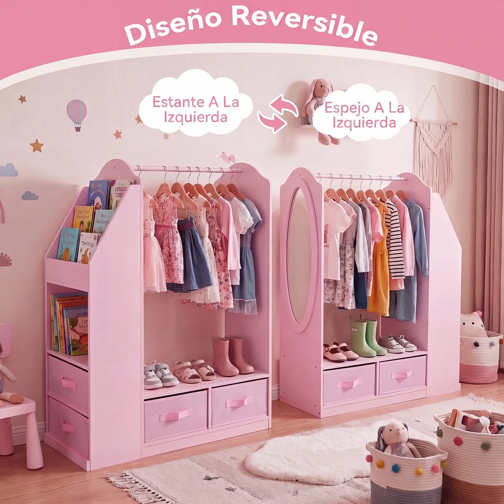 Armário Infantil com Espelho, 81 x 37 x 108 cm, Arrumação Multifuncional, Rosa
