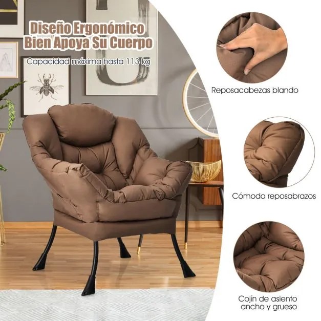 Poltrona moderna em tecido de poliéster com estrutura em metal estofada com bolso lateral 75 x 81 x 94,5 cm Castanho