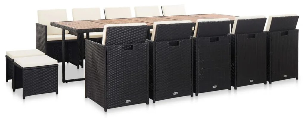 vidaXL 15 pcs conjunto jantar exterior com almofadões vime PE preto
