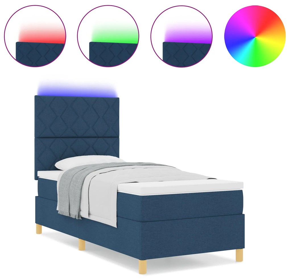 Cama Box com Colchão & LED Azul 90x200 cm Tecido