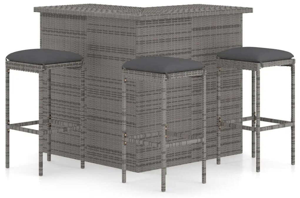 vidaXL 4 pcs conjunto de bar p/ jardim c/ almofadões vime PE cinzento