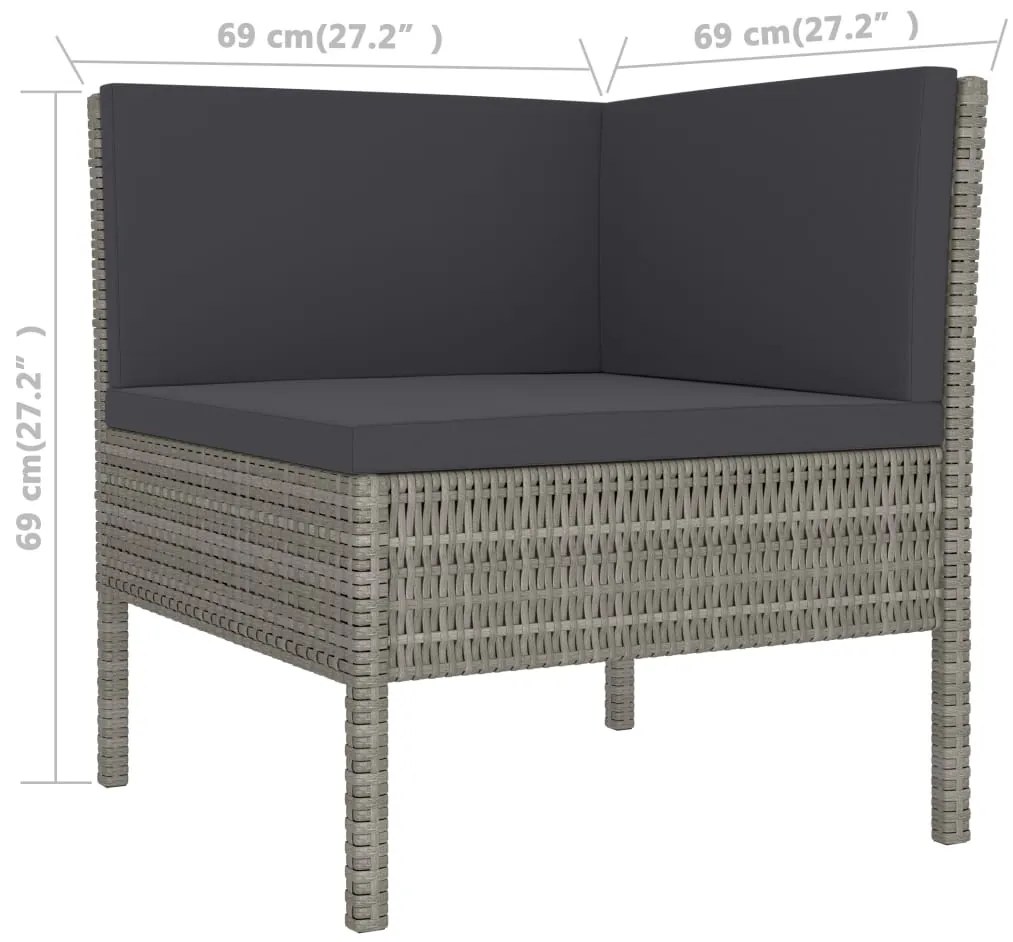 3 pcs conjunto lounge de jardim c/ almofadões vime PE cinzento