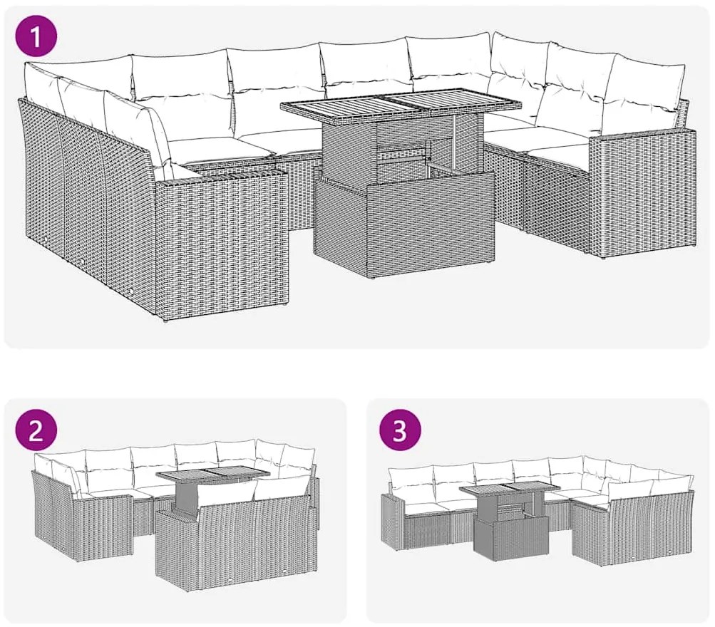 10 pcs conjunto de sofás p/ jardim com almofadões vime PE bege