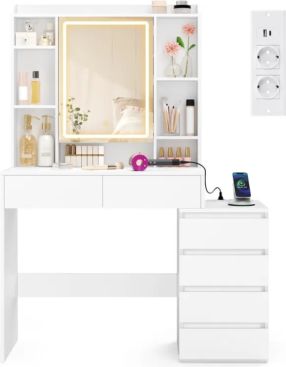 Toucador com espelho LED (BANCO NÃO INCLUIDO) e tomada múltipla 40 x 105 x 145 cm Coleção Kailyn branco