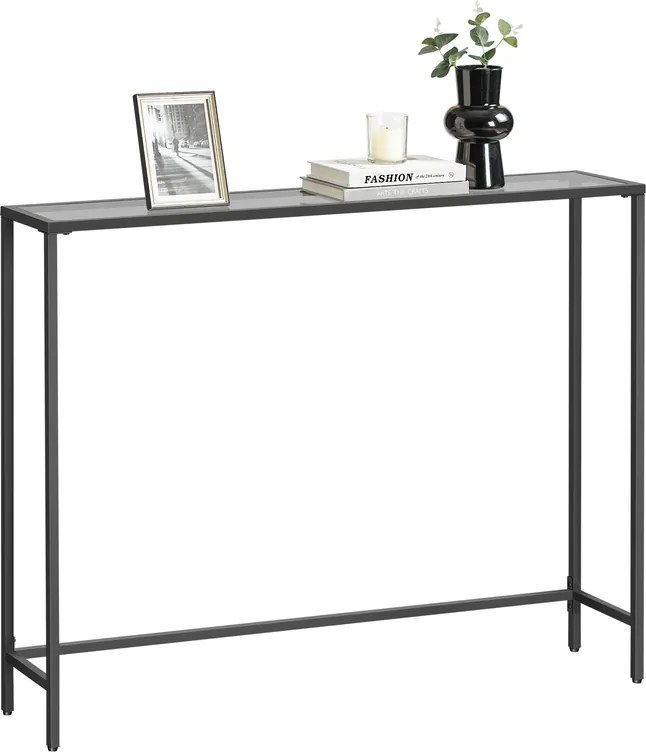 Mesa consola 20 x 100 x 80 cm com tampo em vidro para sala de estar moderna, cor preto e cinza-ardósia