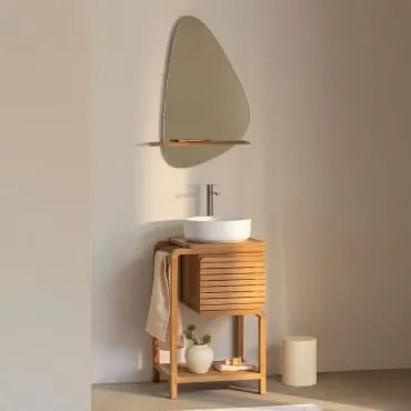Conjunto De Móveis De Banheiro Em Madeira De Teca Bradley Cerâmica Redonda Branca Ø40 Cm Lenka & Irregular Com Prateleira De Madeira 55x85 - Sklum