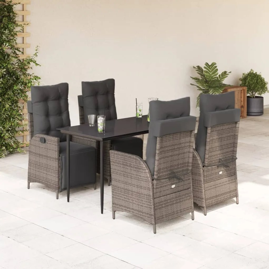 5 pcs conjunto de jantar p/ jardim c/ almofadões vime PE cinza