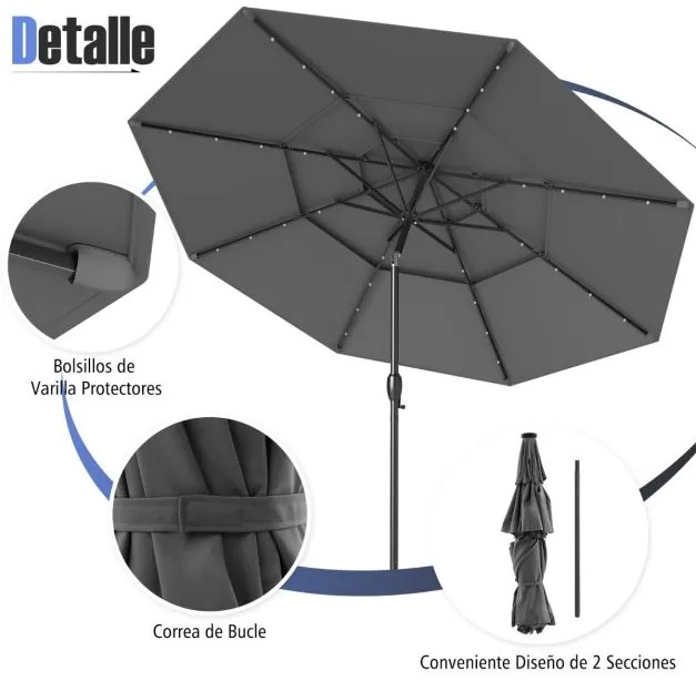 Guarda-sol Jardim de 313 cm com 32 luzes LED Teto ventilado de 3 níveis Ajuste de inclinação Cinzento