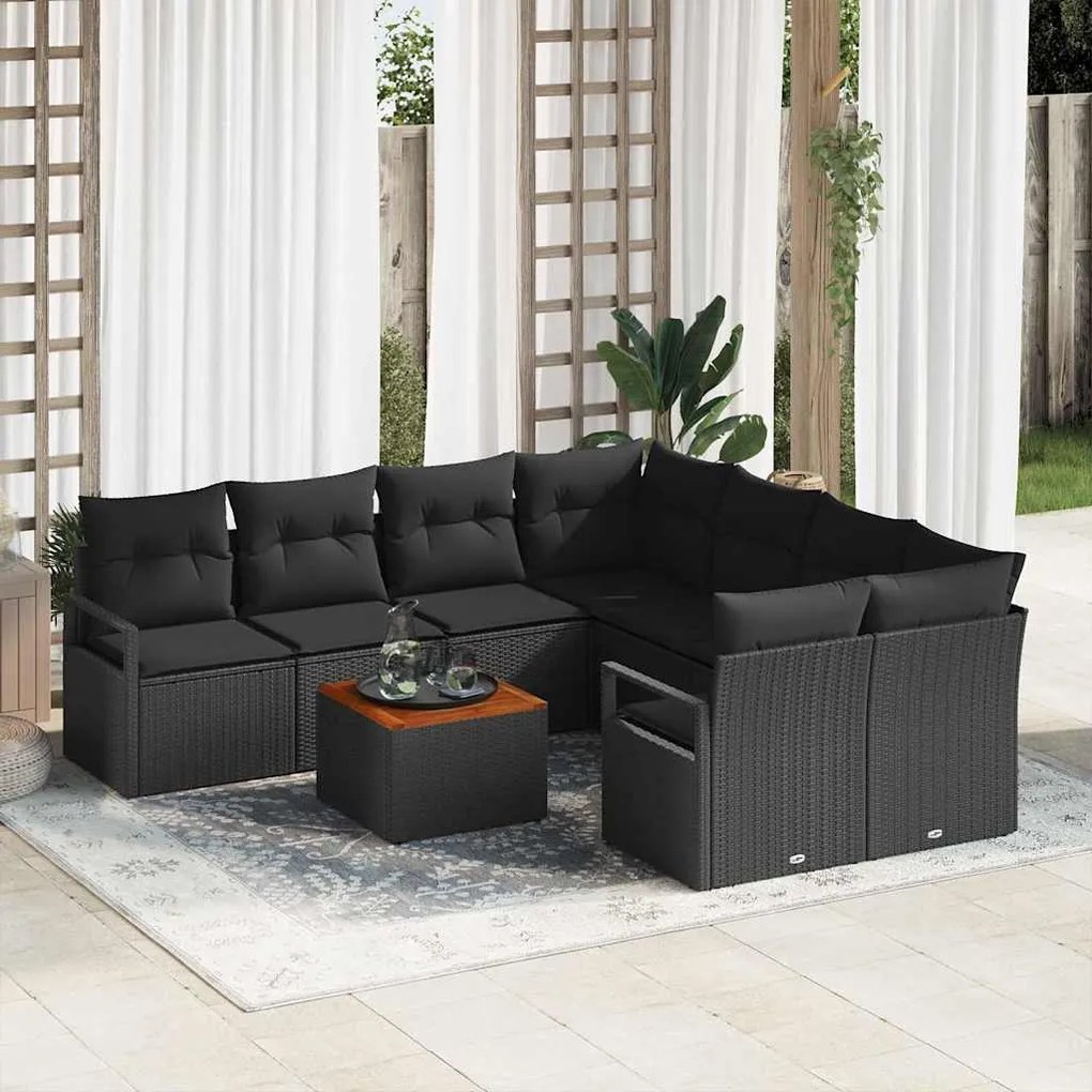 vidaXL Conjunto de Sofá de Jardim com almofada 9 pcs Preto vime PE