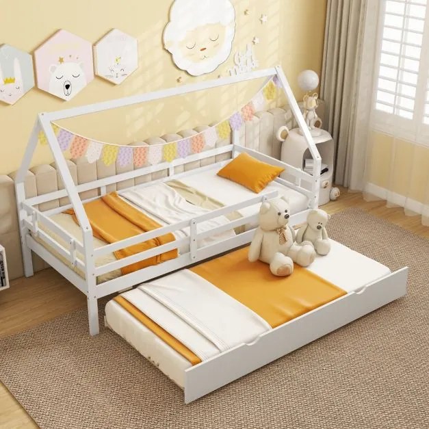 Cama infantil 90 x 200 cm em forma de casa com cama extra  (COLCHÕES NÃO INCLUIDOS) Estrutura de madeira com teto e grades de segurança Não necessita