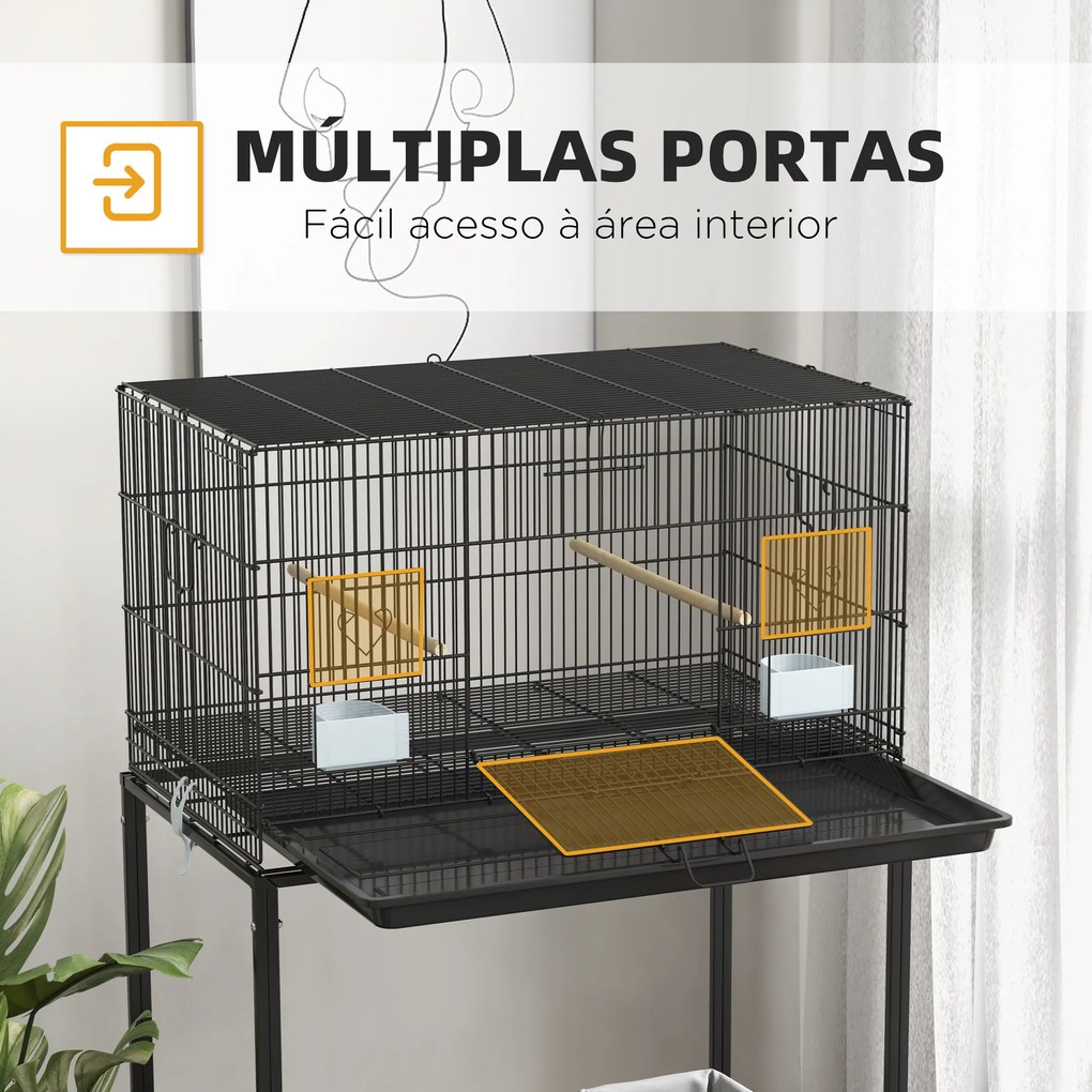Gaiola para Pássaros com Rodas 77x46x119 cm Bandeja Amovível 2 Poleiros 2 Comedouros e Prateleira de Armazenamento Preto