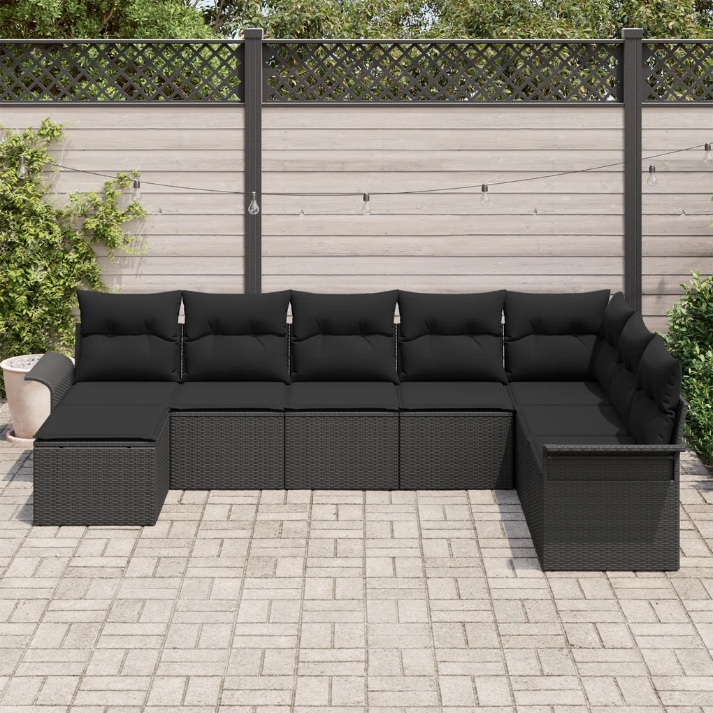Conjunto de Sofá de Jardim de 8 Peças com Almofadas Preto Rattan Polié